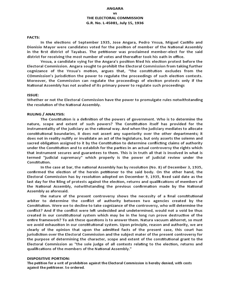 Angara vs. Electoral Commission Ruling | PDF | Constitution ...
