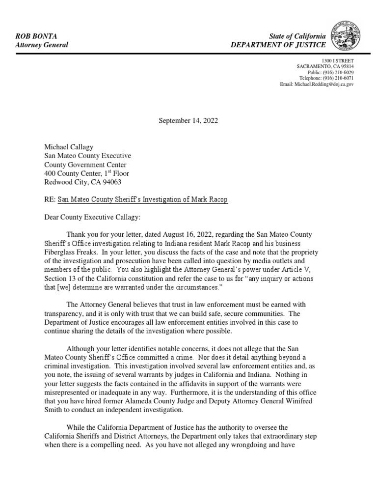 Letter Response From AG Rob Bonta's Office Re: Batmobile Investigation ...