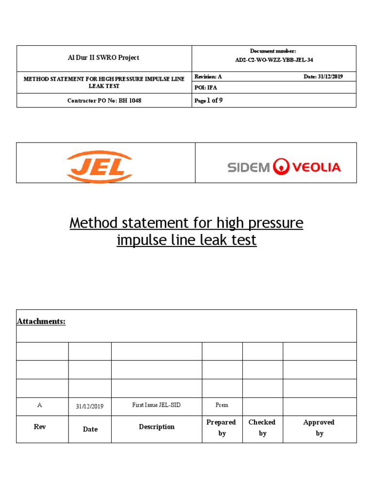 High Pressure Leak Test Method Statement | PDF | Leak | Pipe (Fluid ...