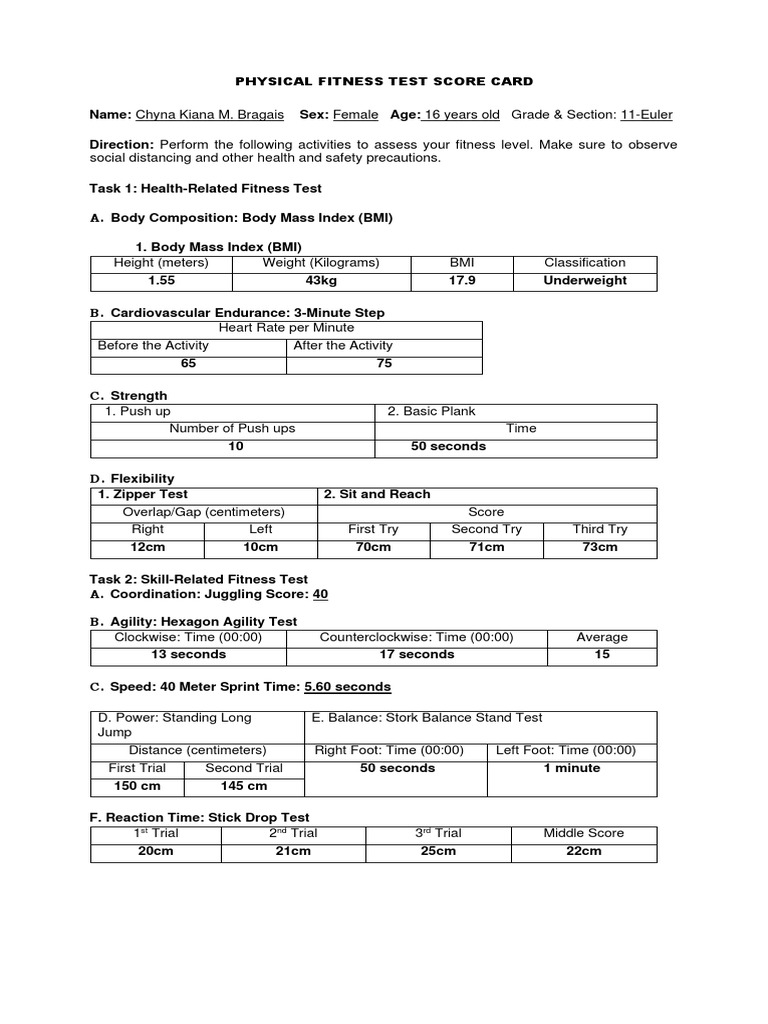 Bragais - Physical Fitness Test Score Card | PDF | Body Mass Index ...