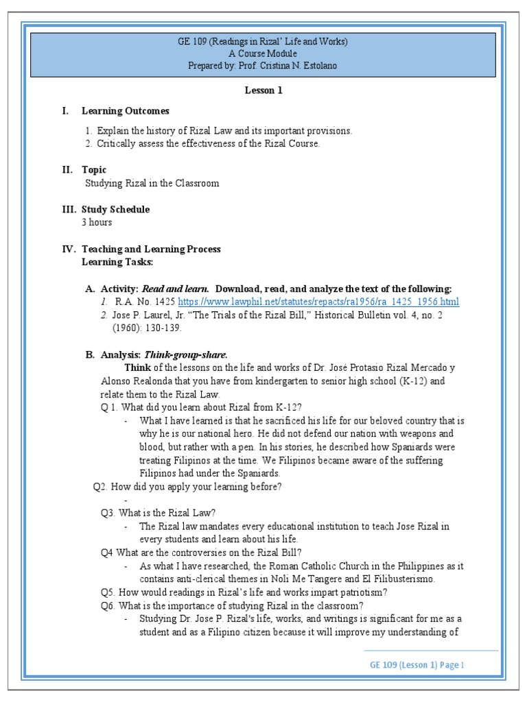 Understanding The Rizal Law In Ge 109 Pdf Cognition