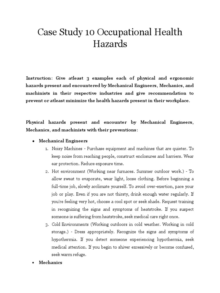 Case Study 10 Occupational Health Hazards PDF Hypothermia