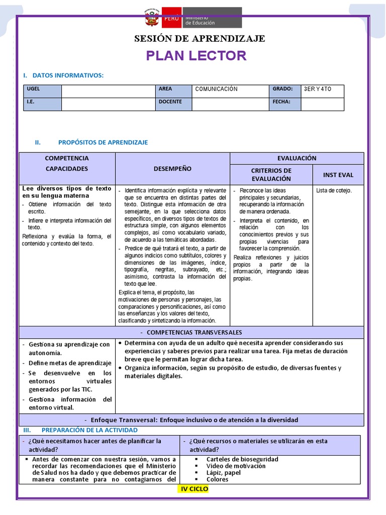 19 De Agosto Plan Lector Iv Ciclo Pdf Aprendizaje Perú