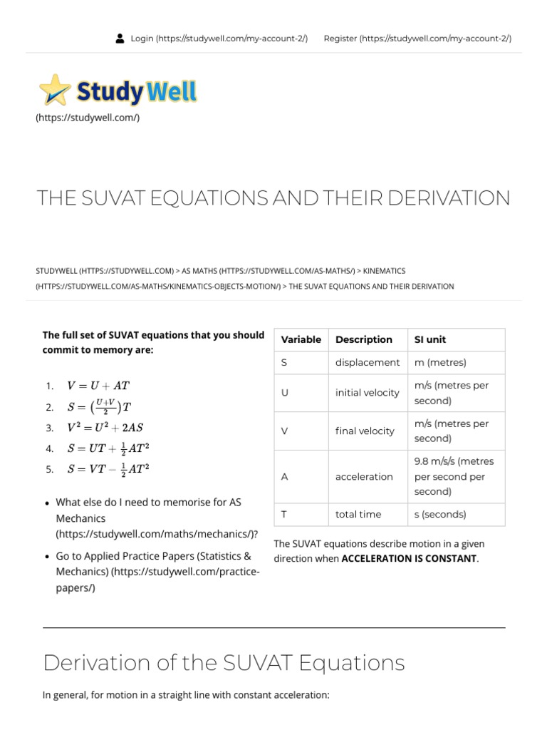 The Suvat Equations And Their Derivation Studywell Download Free