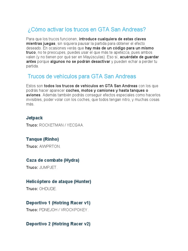 Cómo Activar Los Trucos en GTA San Andreas PDF