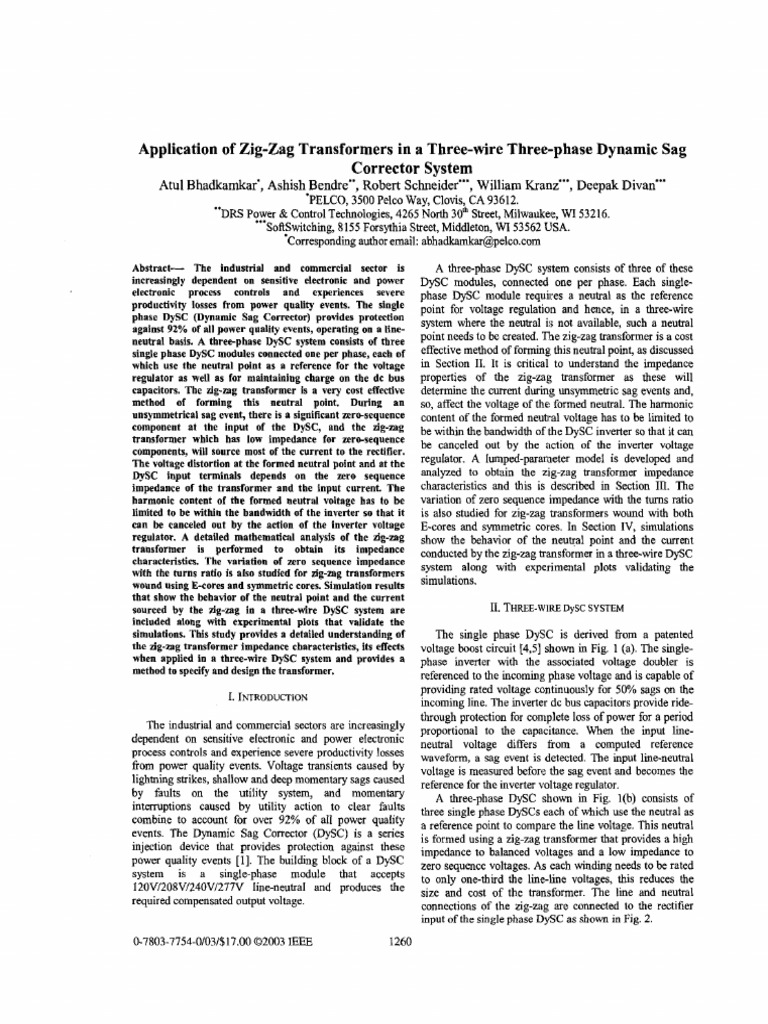 Application of zig zag transformers in a three wire three phase dynamic