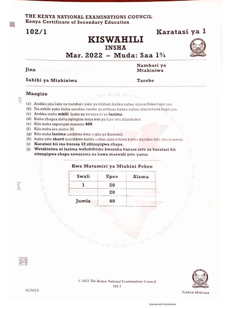 Kcse 2021 Kiswahili Paper 1 Qns PDF