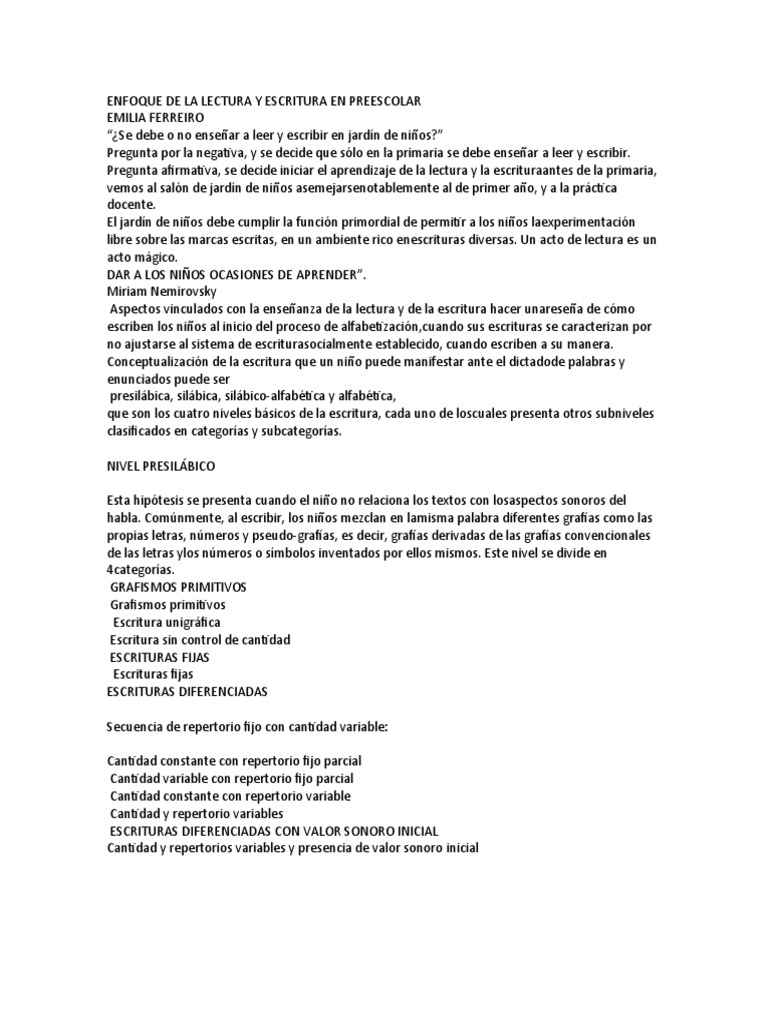 Enfoque de La Lectura y Escritura en Preescolar | PDF | Escritura | Palabra