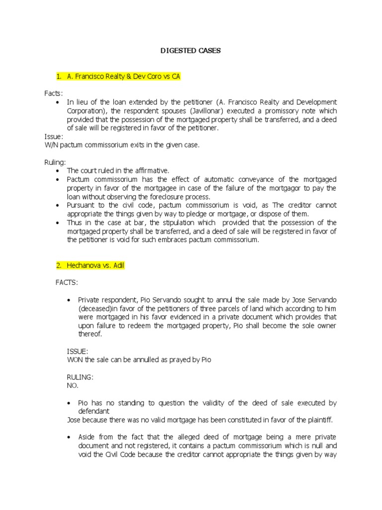 Legal Cases on Pactum Commissorium | PDF | Mortgage Law | Foreclosure