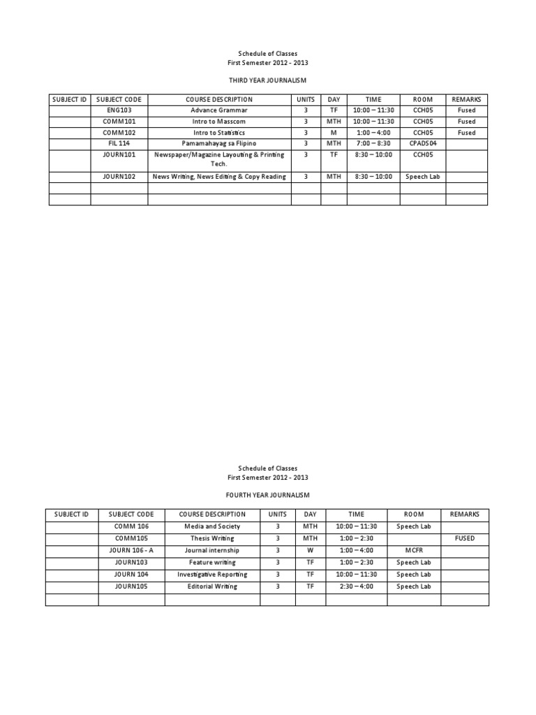 Schedule of Classes PDF News Cognition