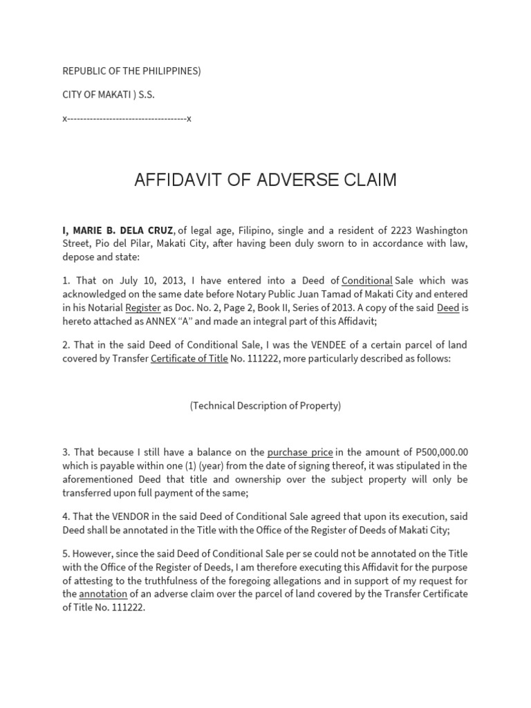 Affidavit of Adverse Claim by Dela Cruz | PDF | Social Science | Law