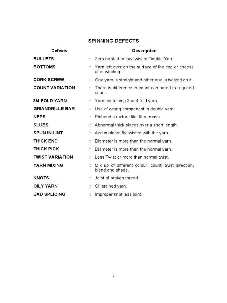 Spinning Defects in Yarn Production | PDF | Loom | Weaving