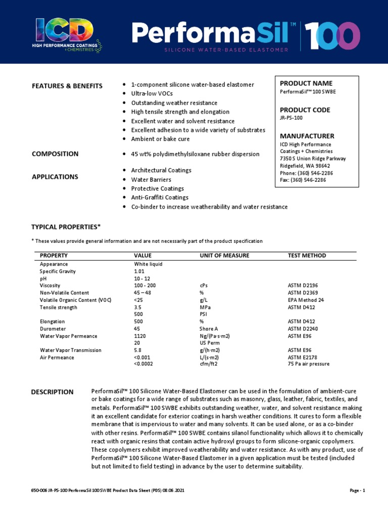 650 006+JR PS 100+PerformaSil+100+SWBE+Product+Data+Sheet+ (PDS) +08.06 ...