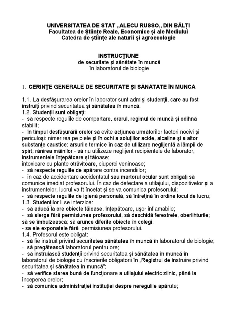 Instructiuni de Lucru in Cadrul Laboratorului de Biologie | PDF