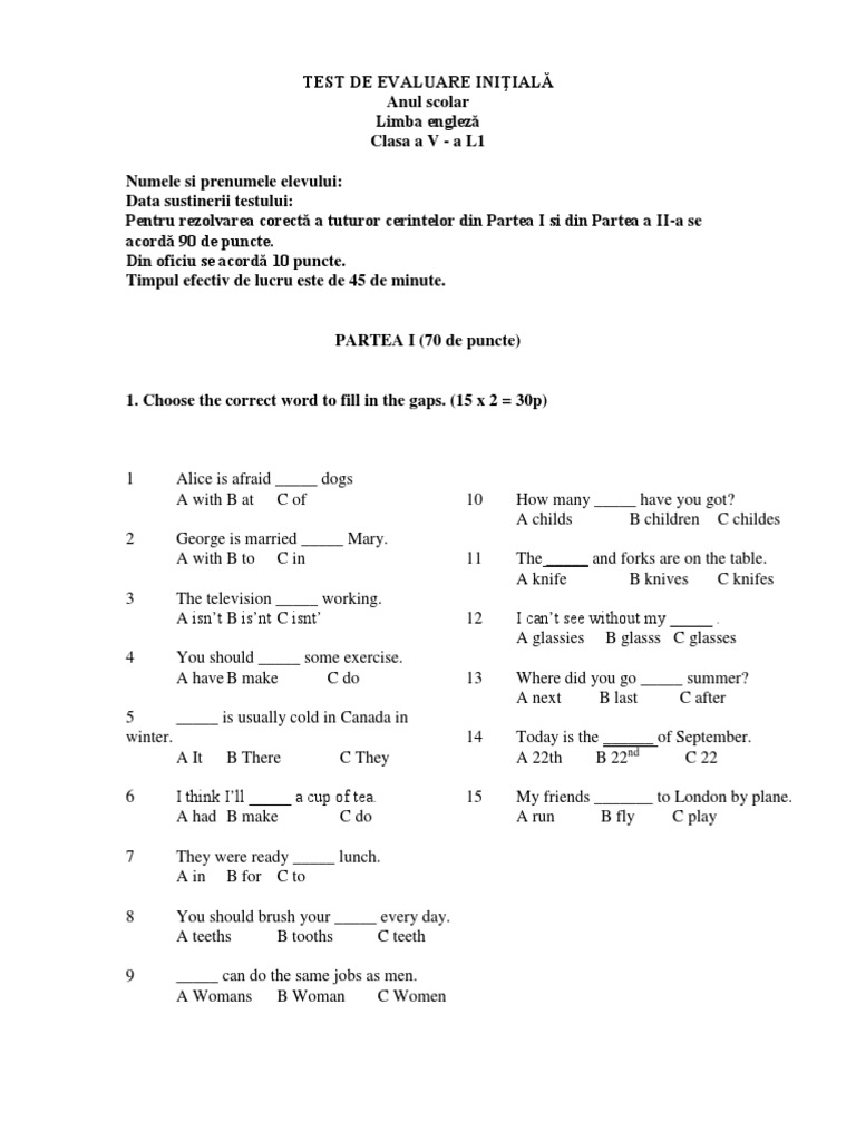 Engleza Clasa V Test Initial Pdf Coffeehouse