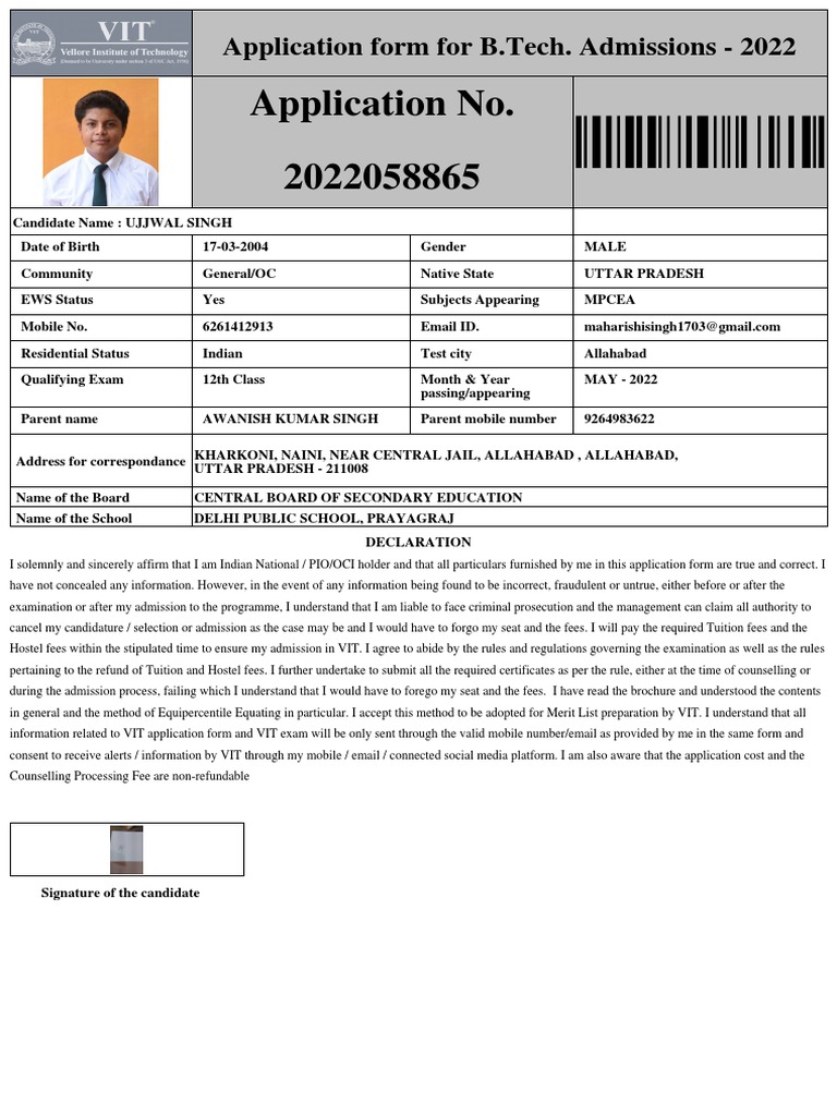 VIT B.Tech Admission Application 2022 | PDF | Test (Assessment)