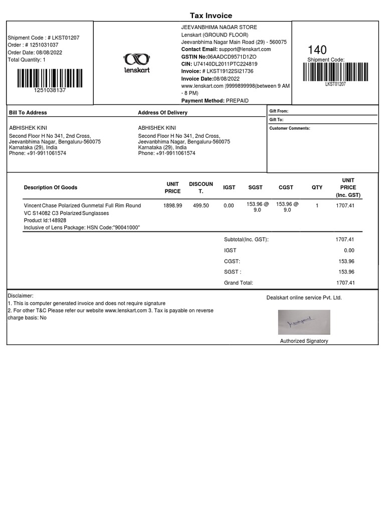 Lenskart sunglass invoice pdf trade taxation