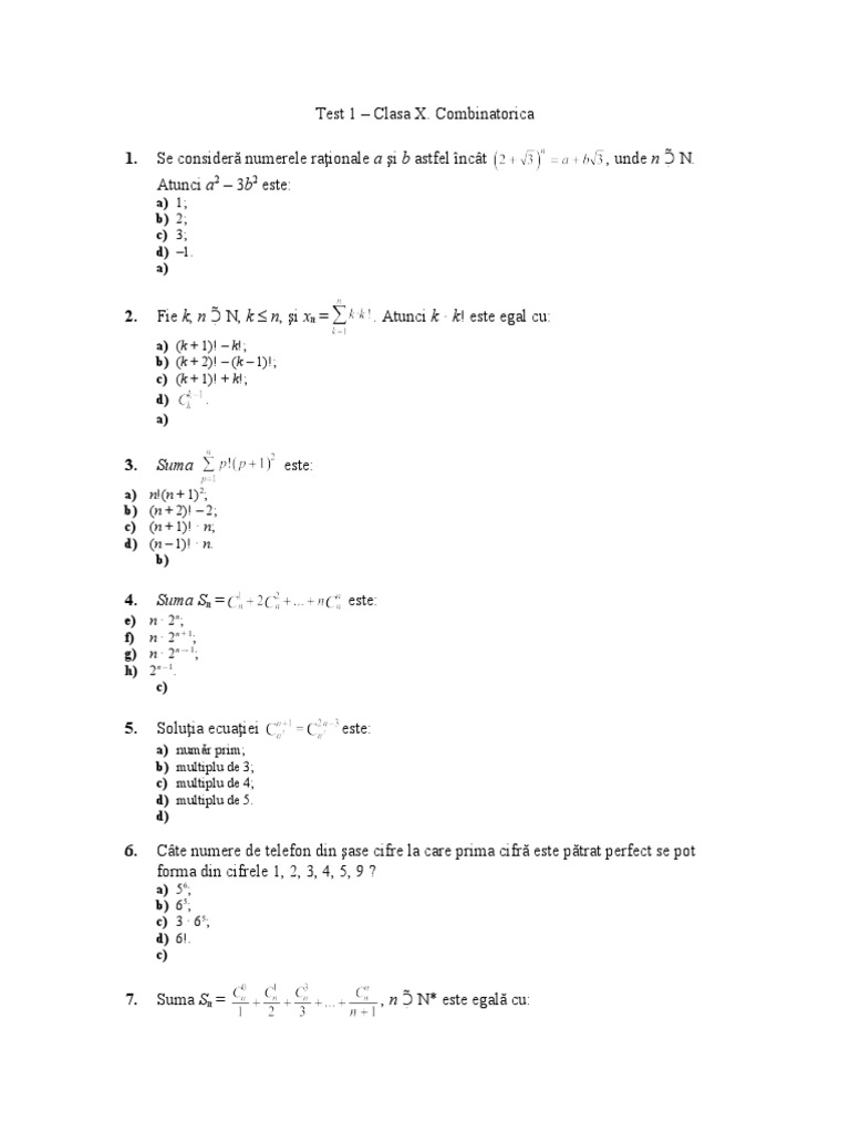 Test 1 - Clasa X. Combinatorica | PDF