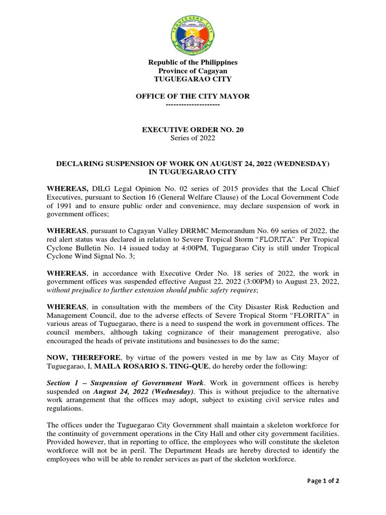 Suspension of Work Due to Typhoon FLORITA | PDF | Weather Events | Tropics