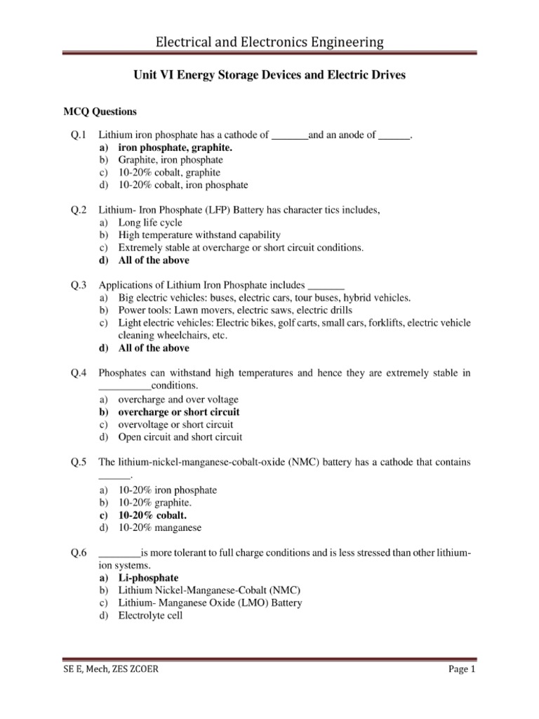 Eee Unit 6 Battery Storage Device MCQ PDF