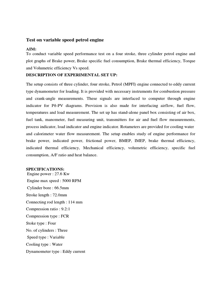 Test On Variable Speed Petrol Engine | PDF | Engines | Vehicle Parts