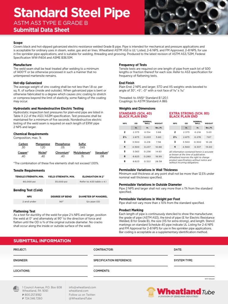 ASTM A53 Type E Grade B ERW Submittal Sheet PDF Pipe (Fluid Conveyance) Industrial Processes