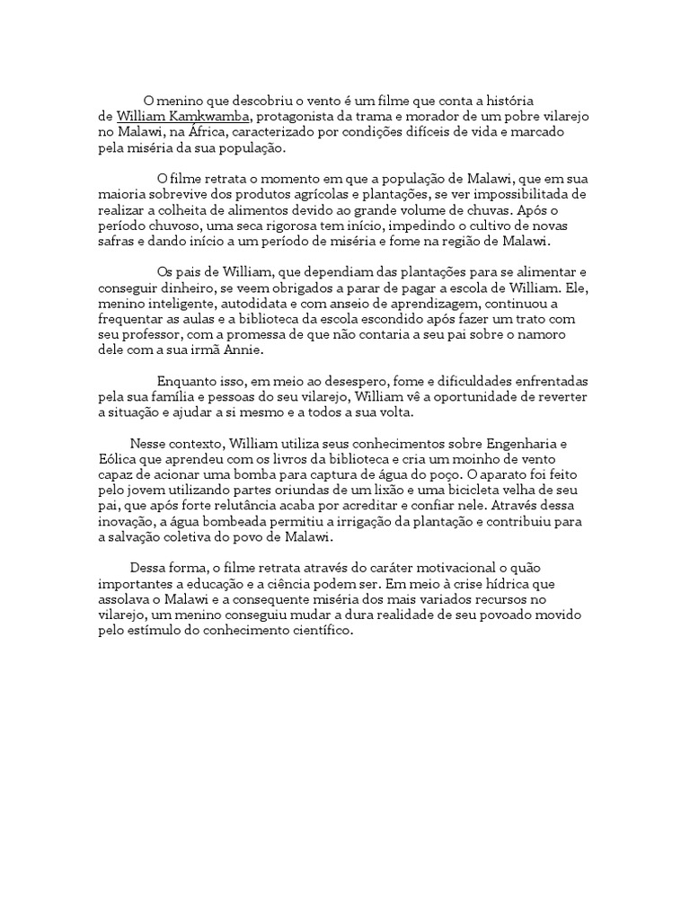 Resumo - o Menino Que Descobriu o Vento | PDF