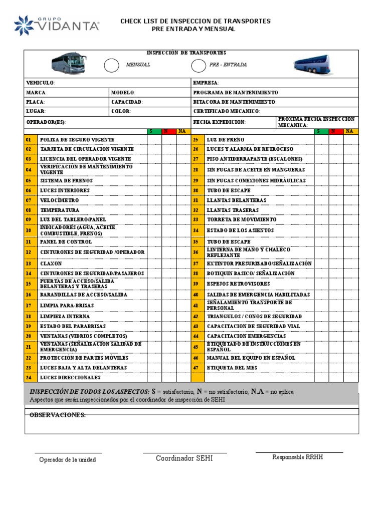 Check List de Transportes de Personal Pre Entrada y Mensual PDF