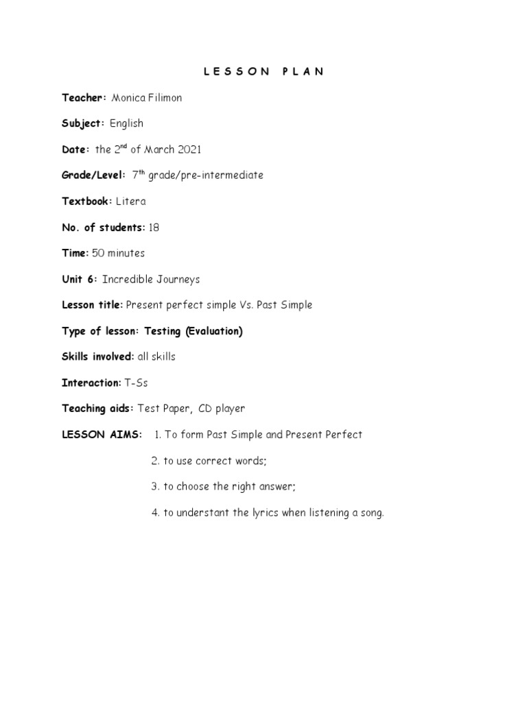 Present Perfect vs. Past Simple Lesson Plan | PDF