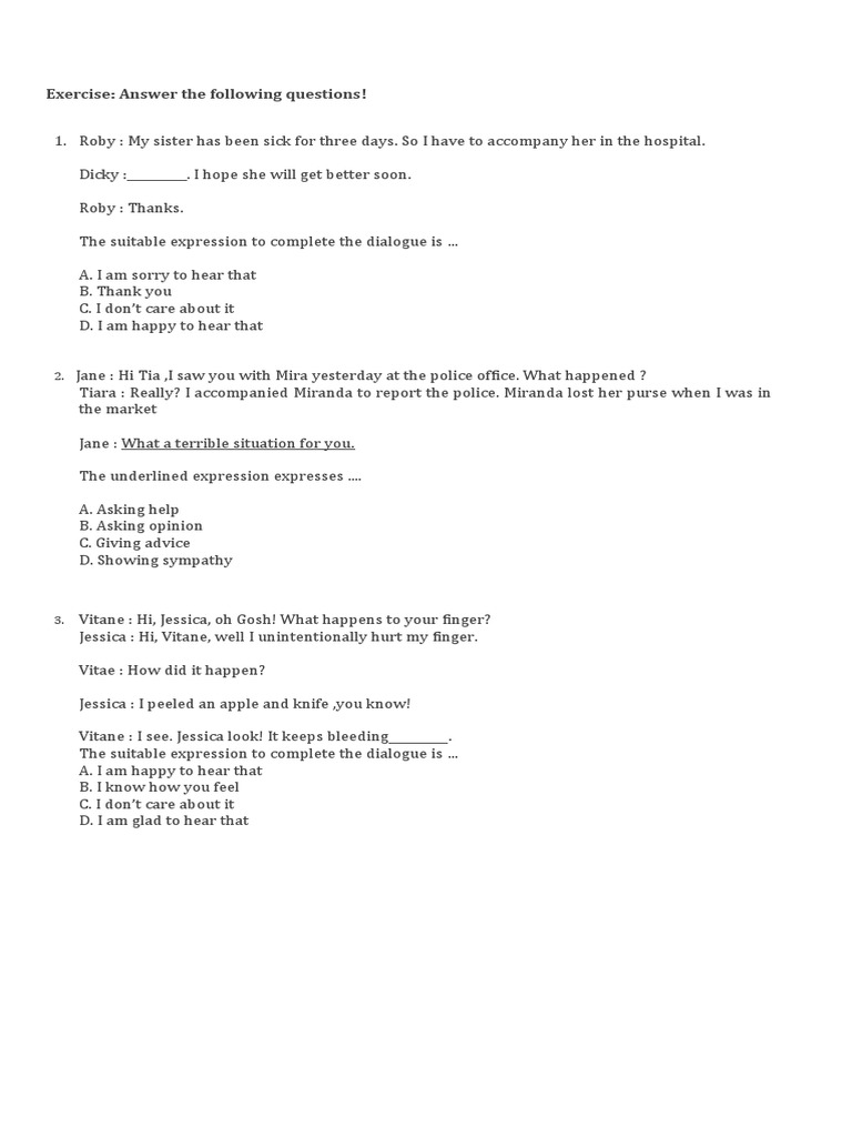 Dialogue Completion Exercise for Sympathy | PDF | Home & Garden ...