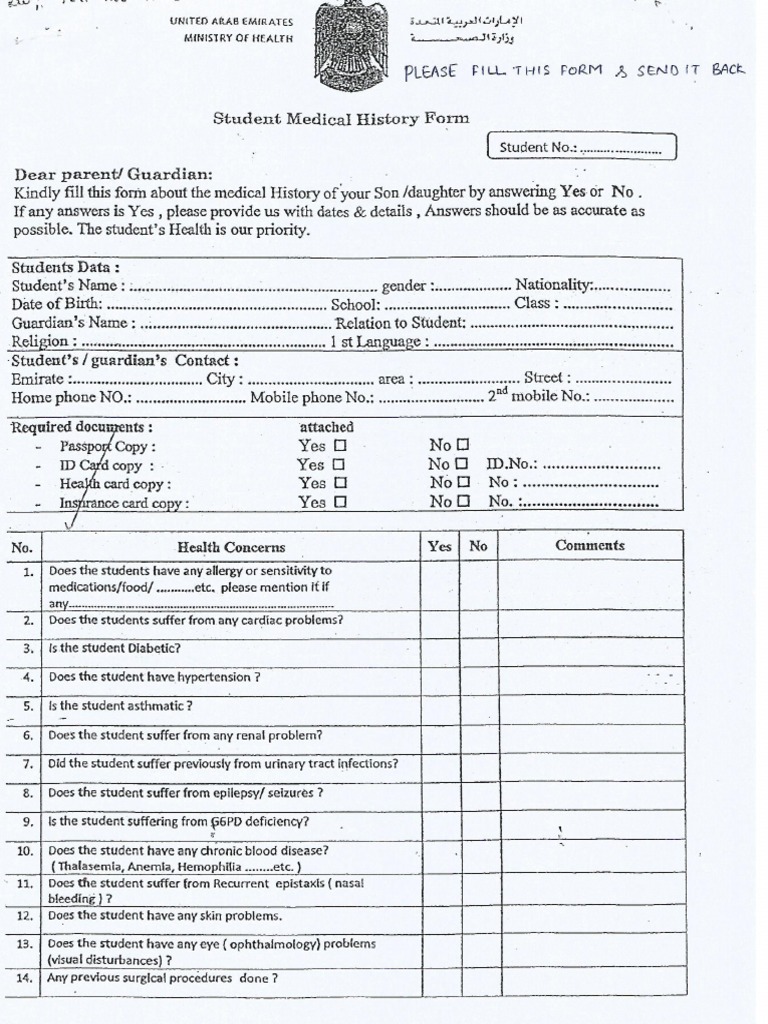 Student Medical History Form PDF