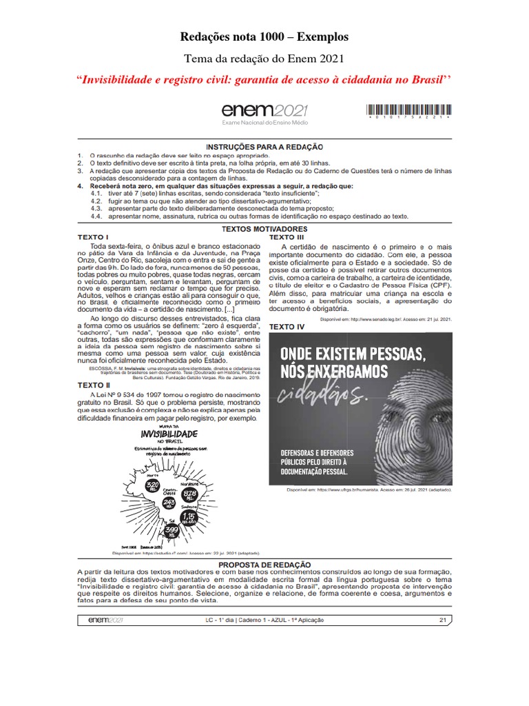 tema do enem 2021 redação nota 1000