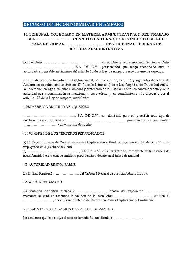 Modelo Recurso de Inconformidad en Amparo | PDF | Sentencia (ley) | Ley ...