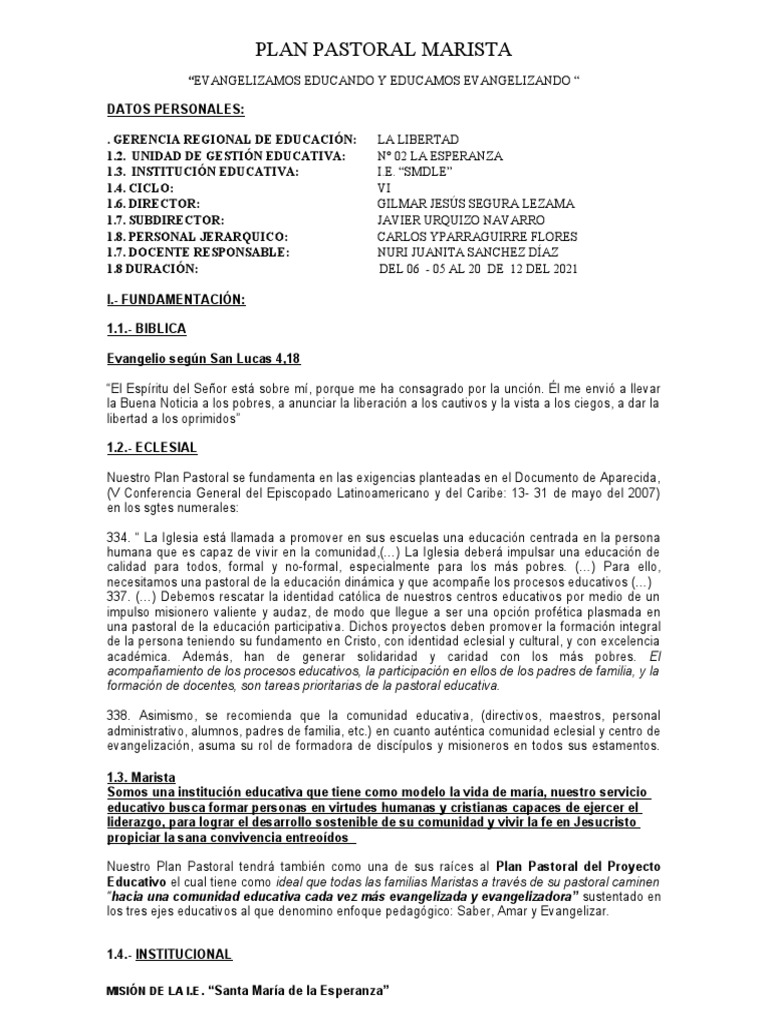 Plan Pastoral Marista 2021 | PDF | María, madre de Jesús | Evangelización