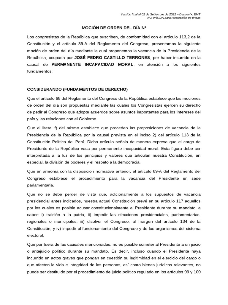Este es el texto de la moción de vacancia contra el presidente Pedro Castillo del congresista Ed Malaga