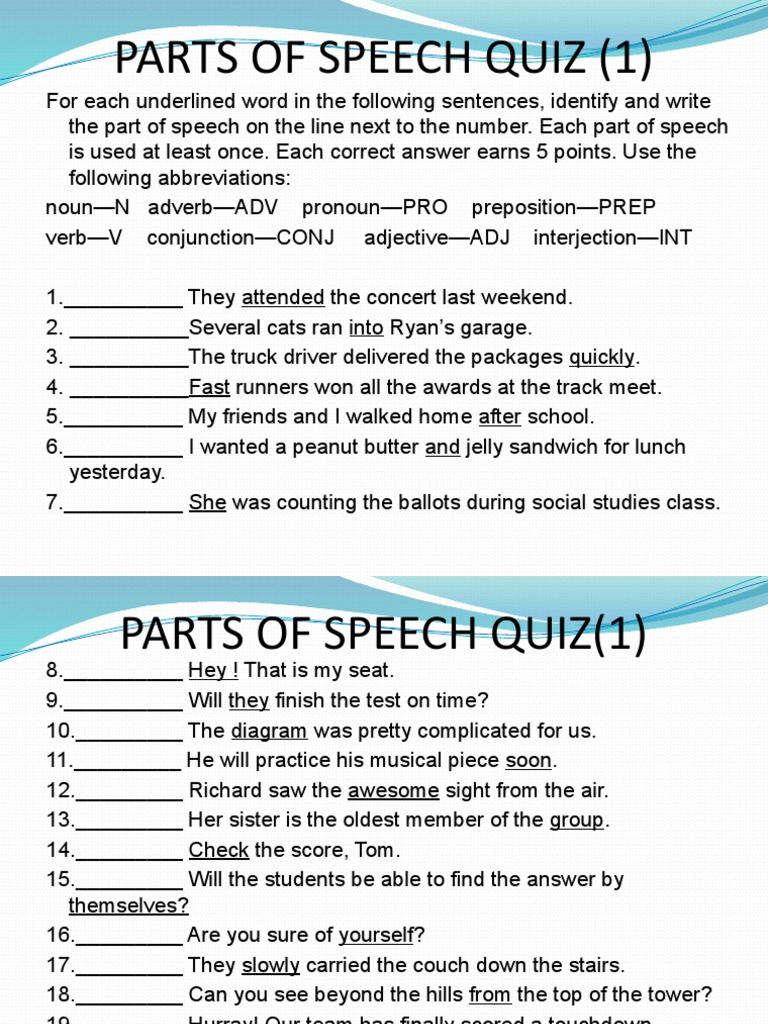 Lesson 1 Parts of Speech Quiz PDF Part Of Speech Noun