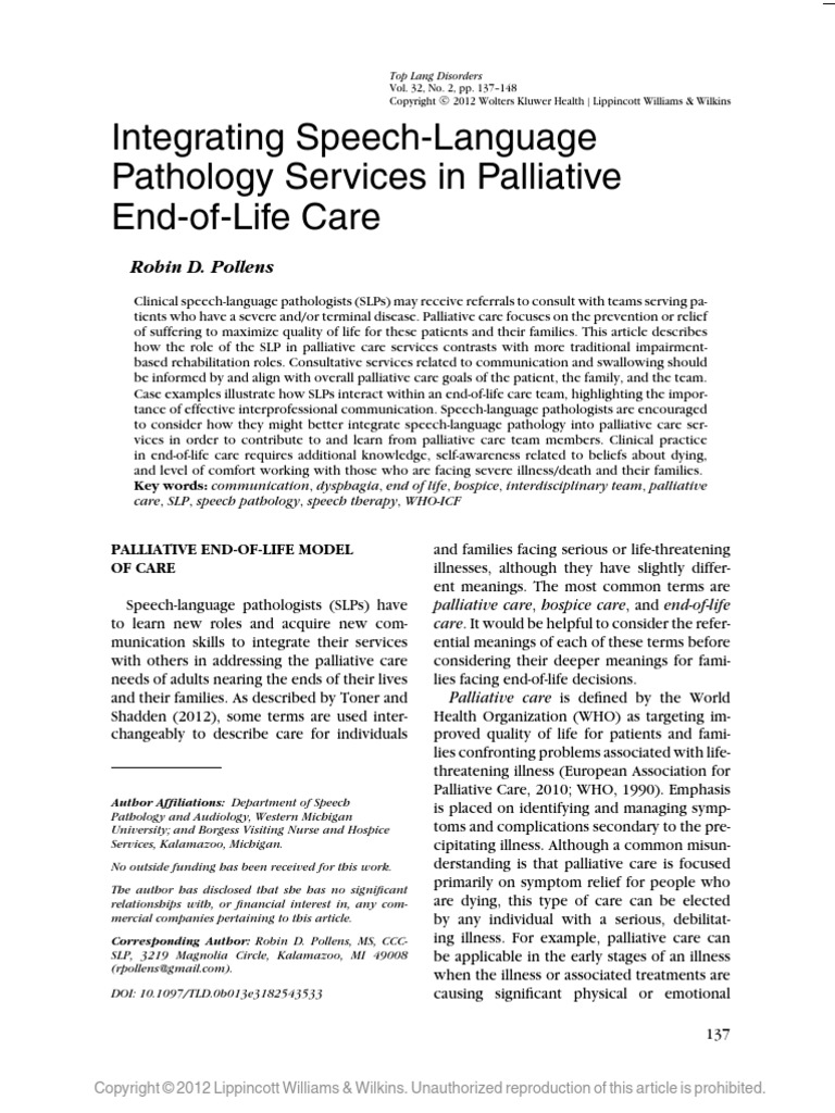 Integrating SpeechLanguage Pathology Services in Palliative Endof