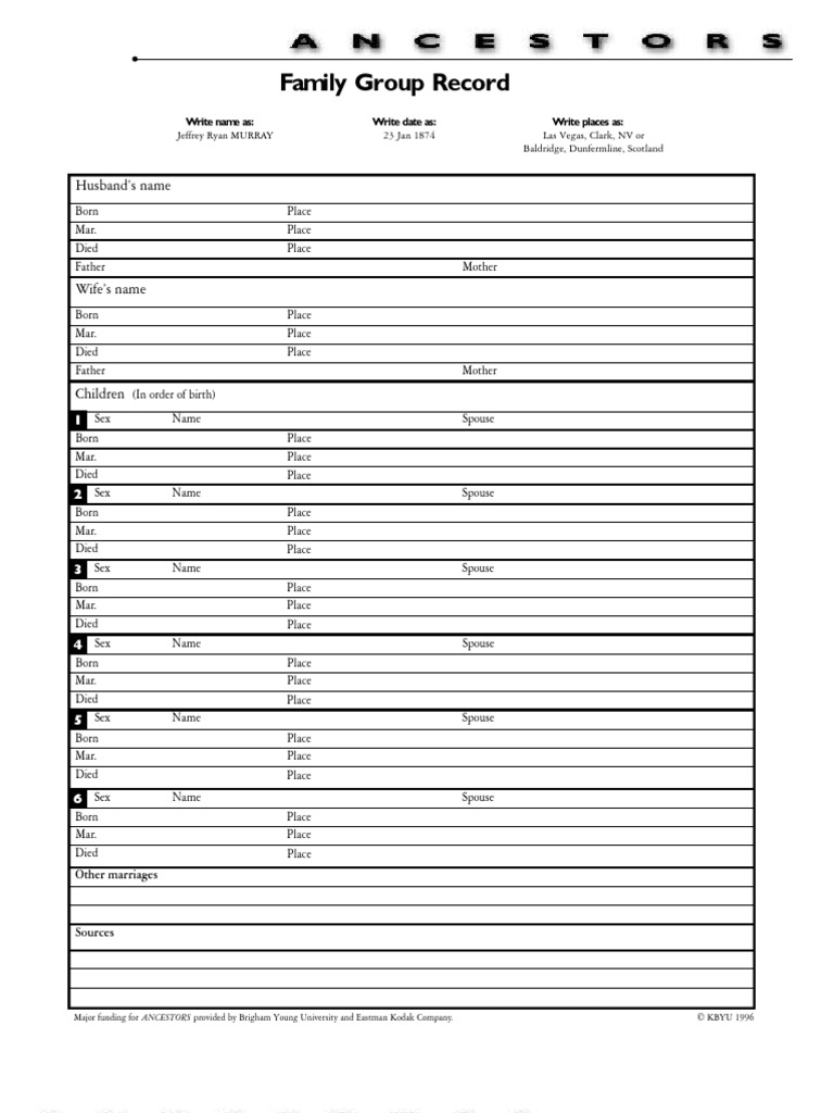 Genealogy Family Record Form | PDF | Kinship And Descent | Marriage