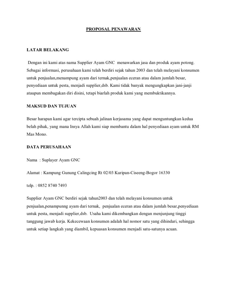 Proposal Penawaran Ayam Gnc Pdf