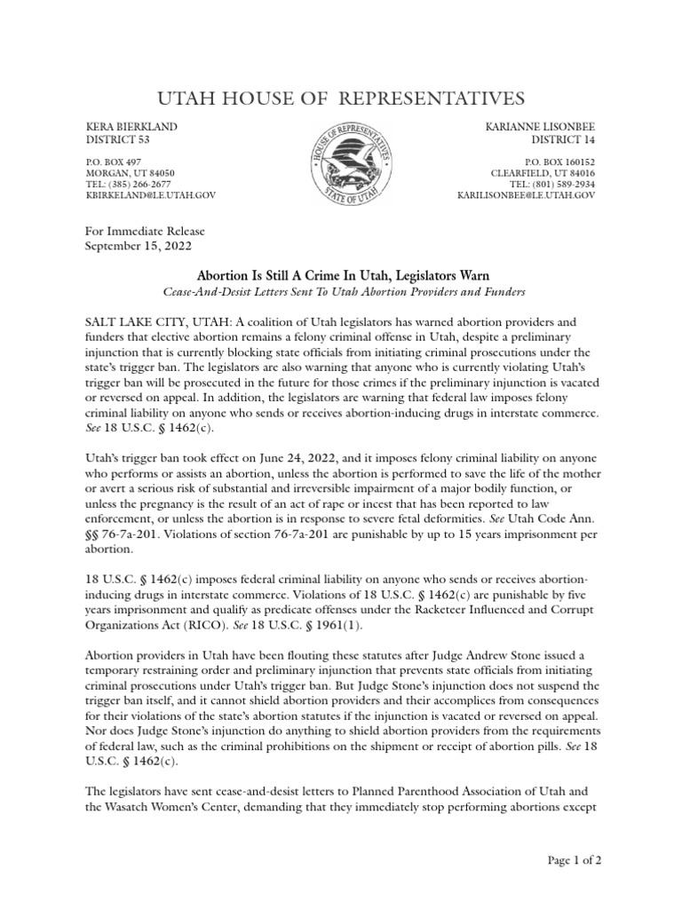 Utah Press Release Download Free PDF Injunction Abortion