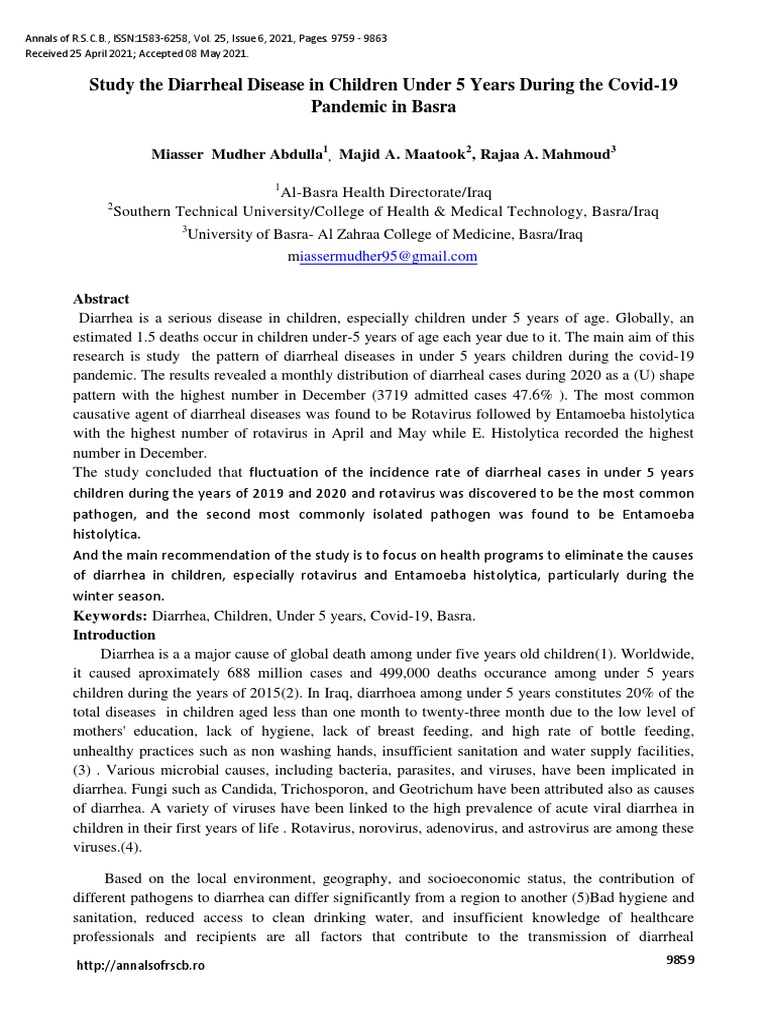 Diarrheal Diseases in Basra 2021 PDF Diarrhea Medical Humanities