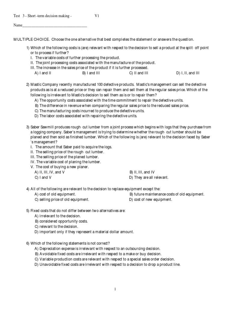 Short-Term Decision Making MCQs | PDF | Cost | Opportunity Cost