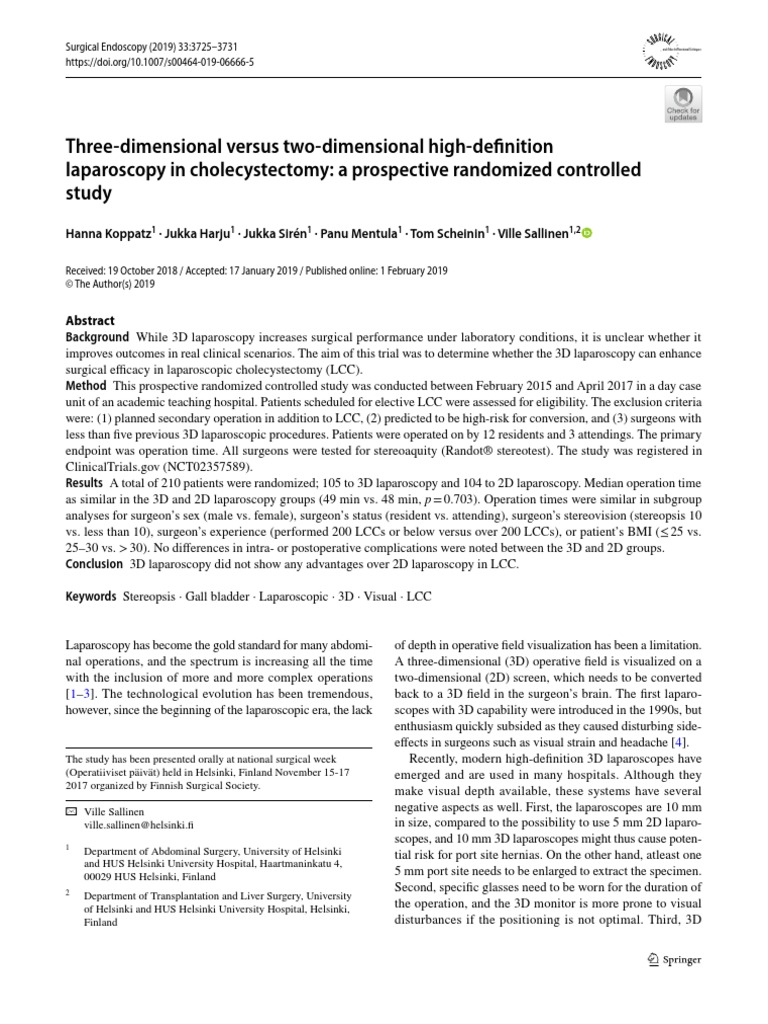 Three dimensional versus two dimensional high definition laparoscopy in