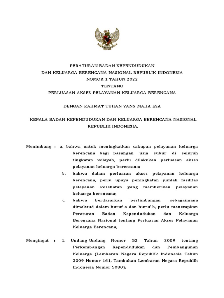 2022-Peraturan BKKBN Nomor 1 Tahun 2022 | PDF