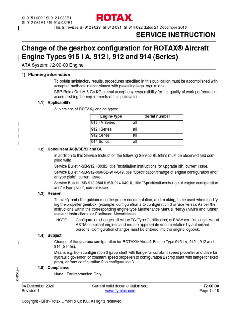 SI915i009 Change of Gearbox Configuration For ROTAX Aircraft Engine
