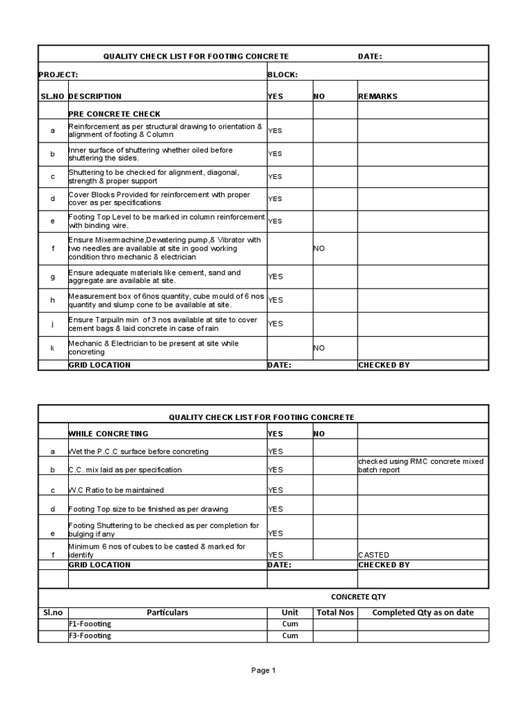 Footing Pourcard Check List | PDF | Concrete | Architectural Design