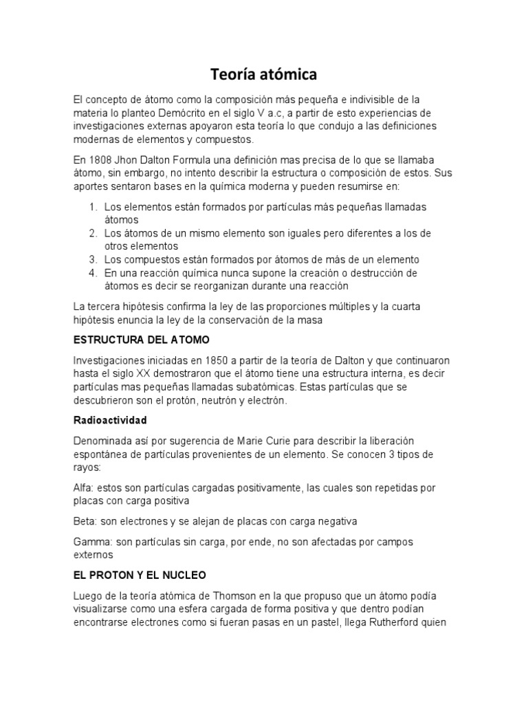 Teoría Atómica Pdf átomos Protón