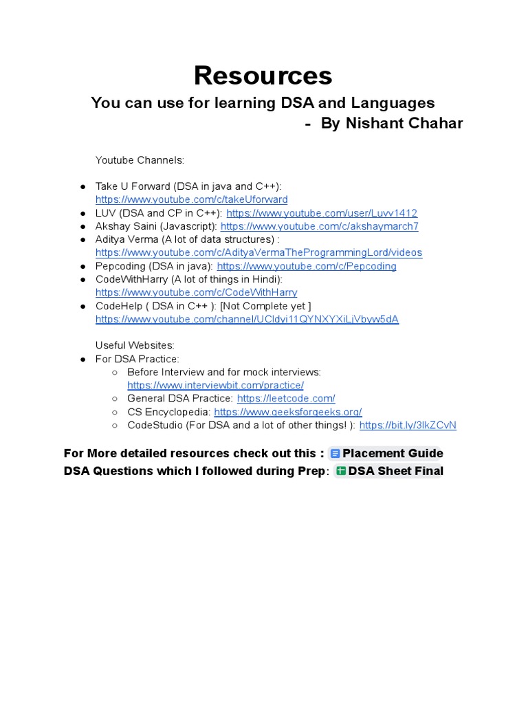 Resources for DSA and Questions Sheet | PDF