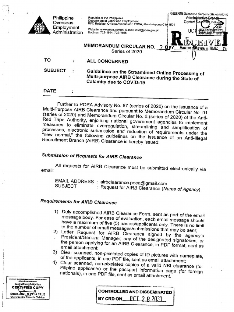 POEA Memorandum Circular No 29 Series of 2020 | PDF