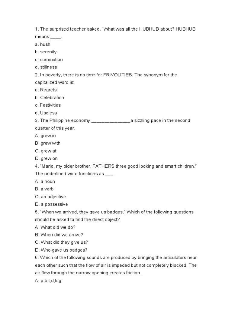 Grammar Concepts List